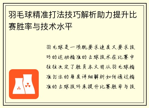 羽毛球精准打法技巧解析助力提升比赛胜率与技术水平